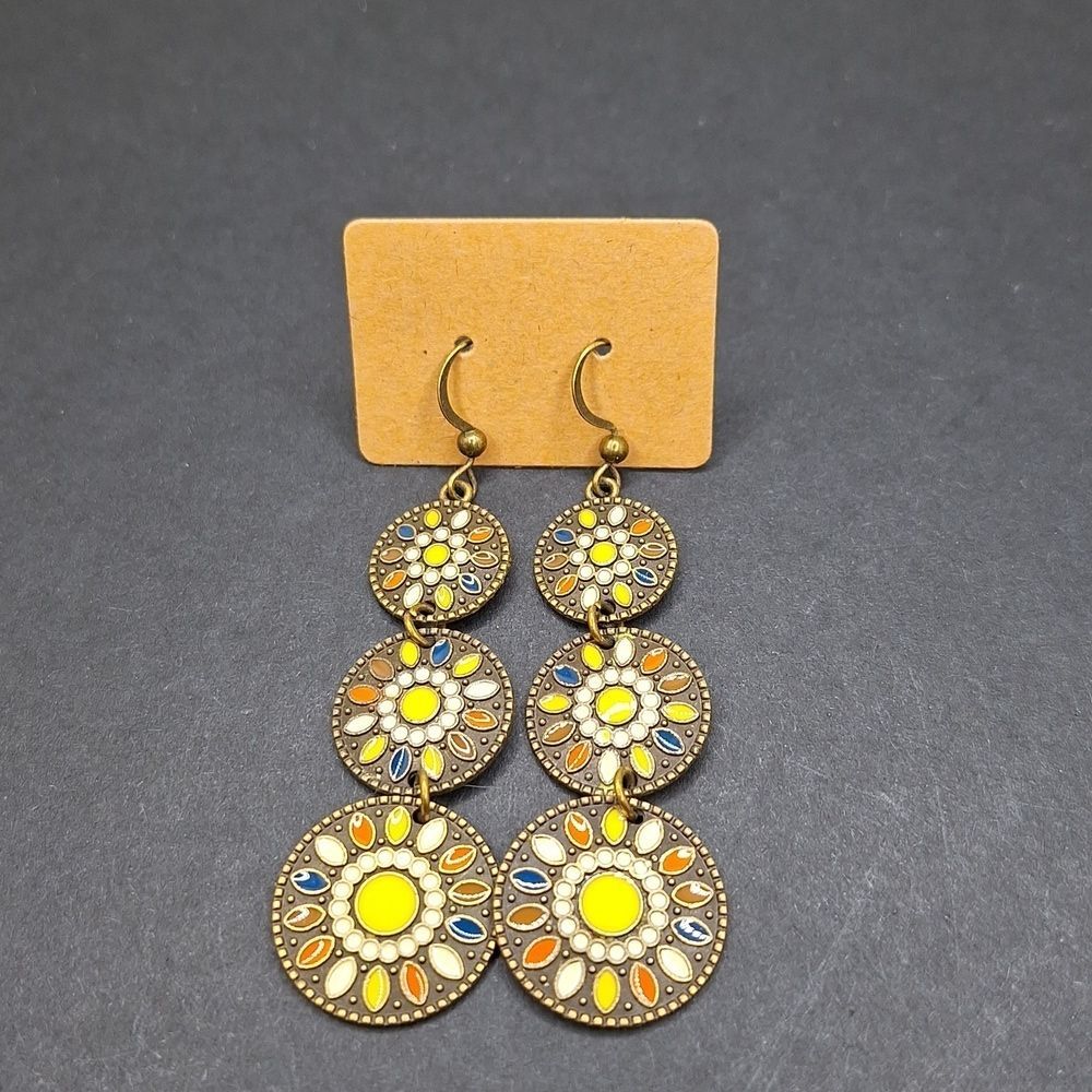 Bronze yellow earrings mandala drop flower jewelry